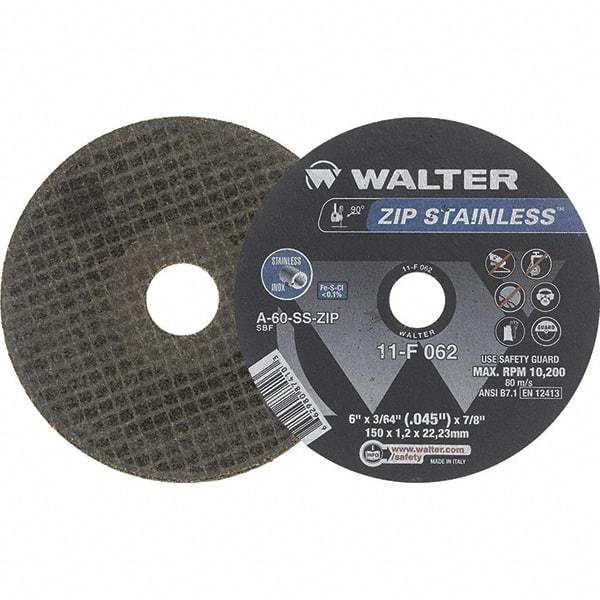 WALTER Surface Technologies - 6" Aluminum Oxide Cutoff Wheel - 3/64" Thick, 7/8" Arbor, 10,200 Max RPM, Use with Die Grinders - A1 Tooling