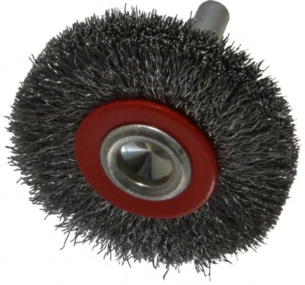 Value Collection - 2" OD, 1/4" Shank Diam, Crimped Steel Wheel Brush - 3/8" Face Width, 3/8" Trim Length, 0.008" Filament Diam, 15,000 RPM - A1 Tooling