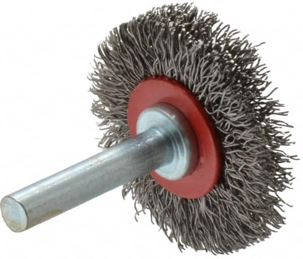 Value Collection - 1-5/8" OD, 1/4" Shank Diam, Crimped Steel Wheel Brush - 5/16" Face Width, 9/16" Trim Length, 0.015" Filament Diam, 18,000 RPM - A1 Tooling