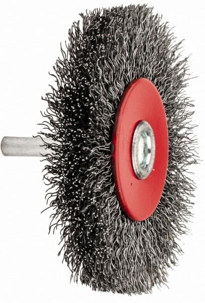 Value Collection - 3-1/16" OD, 1/4" Shank Diam, Crimped Steel Wheel Brush - 1/2" Face Width, 3/4" Trim Length, 0.015" Filament Diam, 12,000 RPM - A1 Tooling