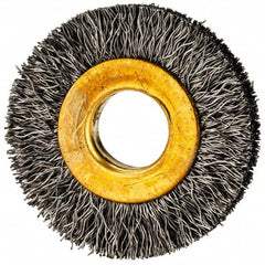 Value Collection - 1-1/4" OD, 3/8" Arbor Hole, Crimped Steel Wheel Brush - 1/4" Face Width, 9/32" Trim Length, 0.007" Filament Diam, 20,000 RPM - A1 Tooling