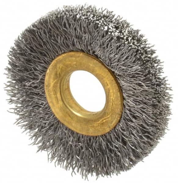 Value Collection - 1-1/2" OD, 3/8" Arbor Hole, Crimped Steel Wheel Brush - 1/4" Face Width, 3/8" Trim Length, 0.007" Filament Diam, 20,000 RPM - A1 Tooling