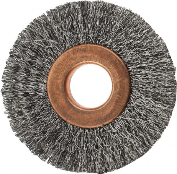 Value Collection - 2" OD, 1/2" Arbor Hole, Crimped Steel Wheel Brush - 5/16" Face Width, 1/2" Trim Length, 0.007" Filament Diam, 15,000 RPM - A1 Tooling