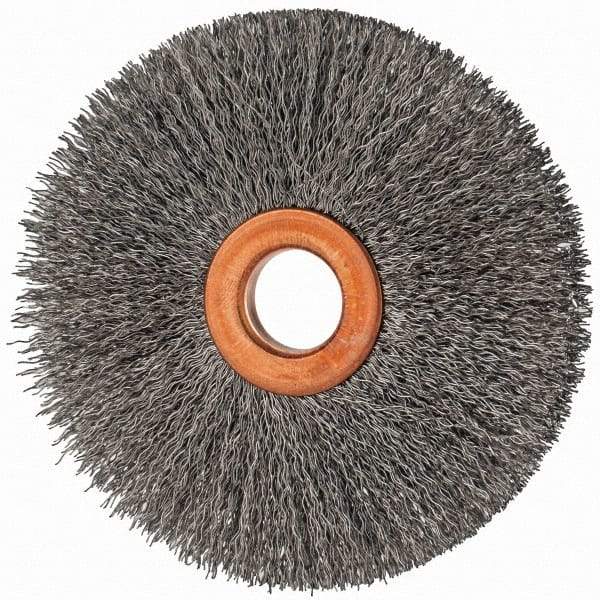 Value Collection - 3" OD, 1/2" Arbor Hole, Crimped Steel Wheel Brush - 3/8" Face Width, 1" Trim Length, 0.007" Filament Diam, 15,000 RPM - A1 Tooling