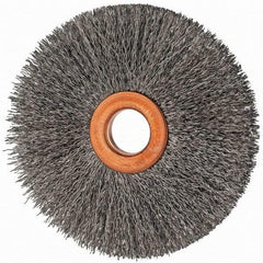 Value Collection - 3" OD, 1/2" Arbor Hole, Crimped Steel Wheel Brush - 3/8" Face Width, 1" Trim Length, 0.007" Filament Diam, 15,000 RPM - A1 Tooling