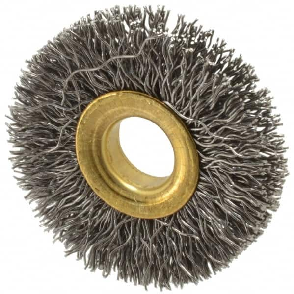 Value Collection - 1-1/2" OD, 3/8" Arbor Hole, Crimped Steel Wheel Brush - 1/4" Face Width, 3/8" Trim Length, 0.012" Filament Diam, 20,000 RPM - A1 Tooling