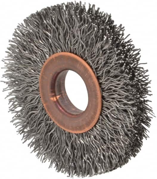 Value Collection - 2" OD, 1/2" Arbor Hole, Crimped Steel Wheel Brush - 5/16" Face Width, 1/2" Trim Length, 0.012" Filament Diam, 15,000 RPM - A1 Tooling