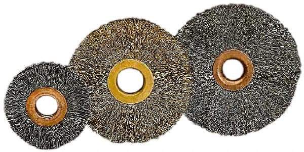 Value Collection - 2" OD, 1/2" Arbor Hole, Crimped Brass-Coated Steel Wheel Brush - 5/16" Face Width, 1/2" Trim Length, 0.007" Filament Diam, 15,000 RPM - A1 Tooling