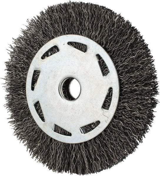 Value Collection - 4" OD, 1/2" Arbor Hole, Crimped Steel Wheel Brush - 7/16" Face Width, 23/32" Trim Length, 0.012" Filament Diam, 5,000 RPM - A1 Tooling