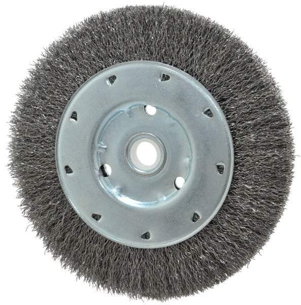 Value Collection - 6" OD, 1/2" Arbor Hole, Crimped Steel Wheel Brush - 1/2" Face Width, 1-15/64" Trim Length, 0.012" Filament Diam, 5,000 RPM - A1 Tooling