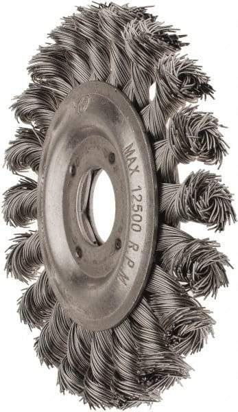 Value Collection - 4-1/2" OD, 7/8" Arbor Hole, Knotted Steel Wheel Brush - 1/2" Face Width, 7/8" Trim Length, 0.012" Filament Diam, 12,500 RPM - A1 Tooling