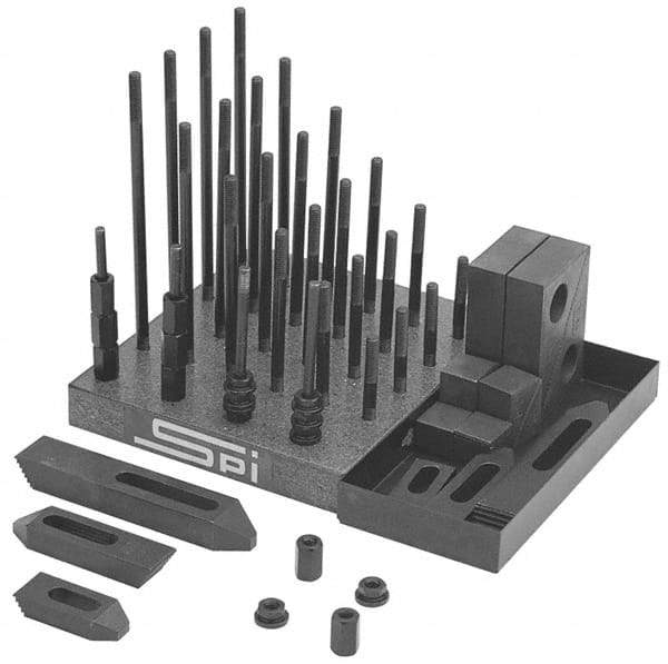 TE-CO - 53 Piece Fixturing Step Block & Clamp Set with 5/16" T-Slot, 5/16-18 Stud Thread - 3, 4, 5, 6, 7 & 8" Stud Lengths - A1 Tooling