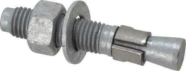 Made in USA - 3/4" Diam, 3/4" Drill, 4-1/4" OAL, 1-3/8" Min Embedment Wedge Expansion Concrete Anchor - Grade 5 Steel, Galvanized Finish, Hex Nut Head, Hex Drive, 2-3/8" Thread Length - A1 Tooling