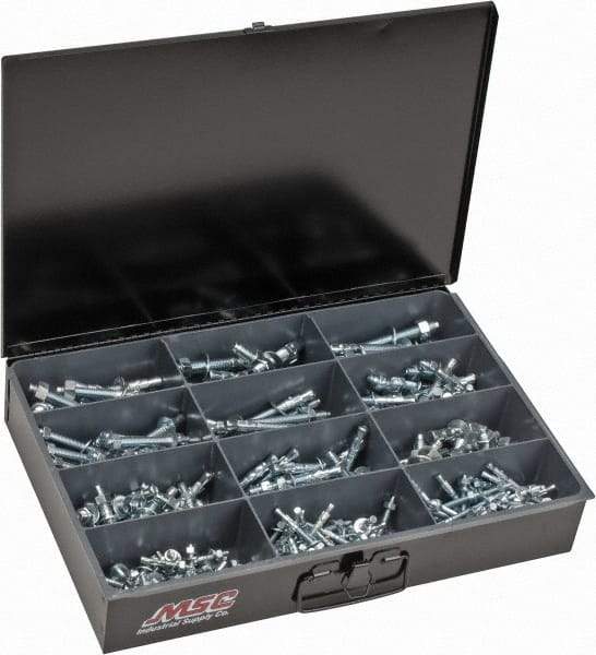 Value Collection - 290 Piece, 1/4 to 1/2" Screw, Steel Anchor Assortment - Zinc Plated, 1-3/4 to 5-1/2" Long - A1 Tooling