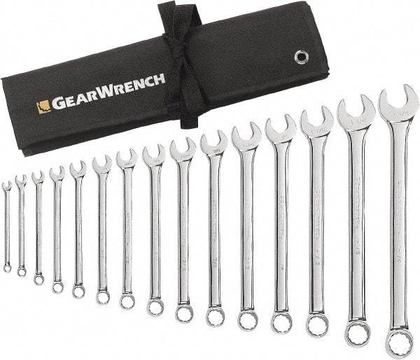 GearWrench - 15 Piece, 5/16" to 1-1/4", 12 Point Combination Wrench Set - Inch Measurement Standard, Chrome Finish, Comes in Roll - A1 Tooling