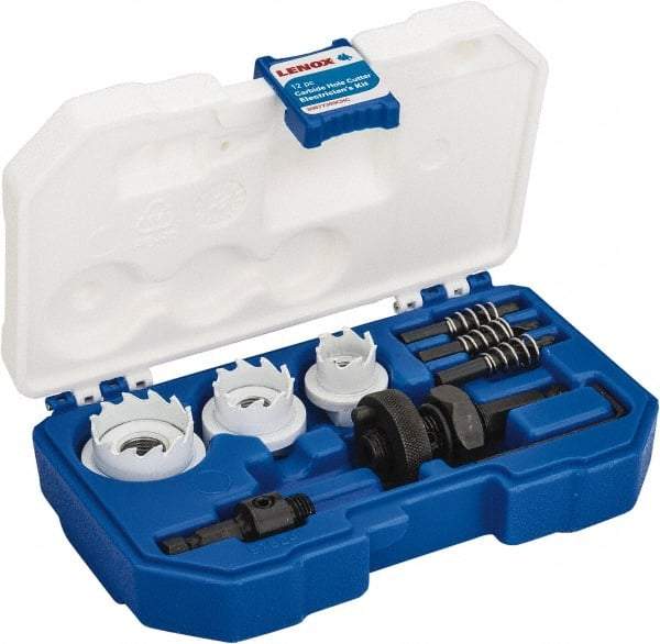 Lenox - 12 Piece, 7/8" to 1-3/8" Saw Diam, Electrician's Hole Saw Kit - Carbide-Tipped, Toothed Edge, Includes 3 Hole Saws - A1 Tooling