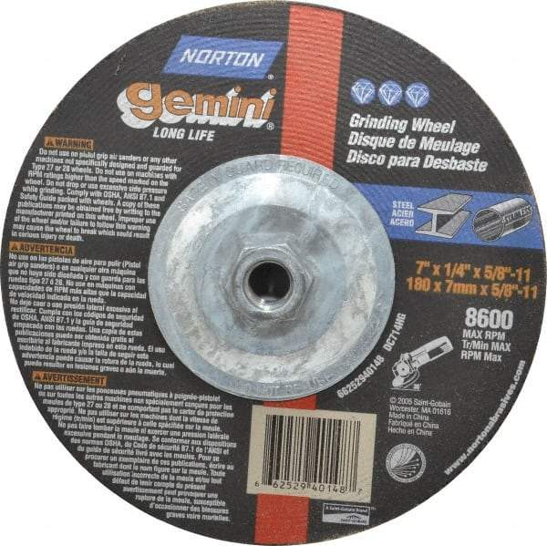 Norton - 7" Wheel Diam, 1/4" Wheel Thickness, Type 27 Depressed Center Wheel - Aluminum Oxide, 8,600 Max RPM, Compatible with Angle Grinder - A1 Tooling