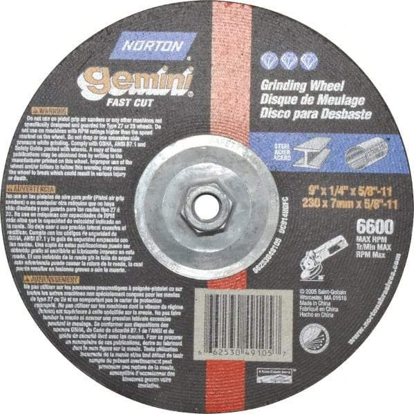 Norton - 9" Wheel Diam, 1/4" Wheel Thickness, Type 27 Depressed Center Wheel - Aluminum Oxide, 6,600 Max RPM, Compatible with Angle Grinder - A1 Tooling