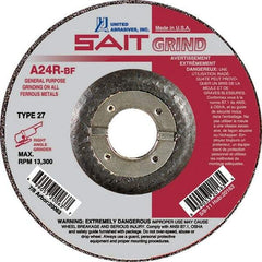 Sait - 24 Grit, 4-1/2" Wheel Diam, 1/4" Wheel Thickness, 7/8" Arbor Hole, Type 27 Depressed Center Wheel - Aluminum Oxide, Resinoid Bond, R Hardness, 13,300 Max RPM, Compatible with Angle Grinder - A1 Tooling