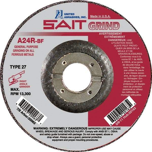 Sait - 24 Grit, 9" Wheel Diam, 1/4" Wheel Thickness, 7/8" Arbor Hole, Type 27 Depressed Center Wheel - Aluminum Oxide, Resinoid Bond, R Hardness, 6,600 Max RPM, Compatible with Angle Grinder - A1 Tooling