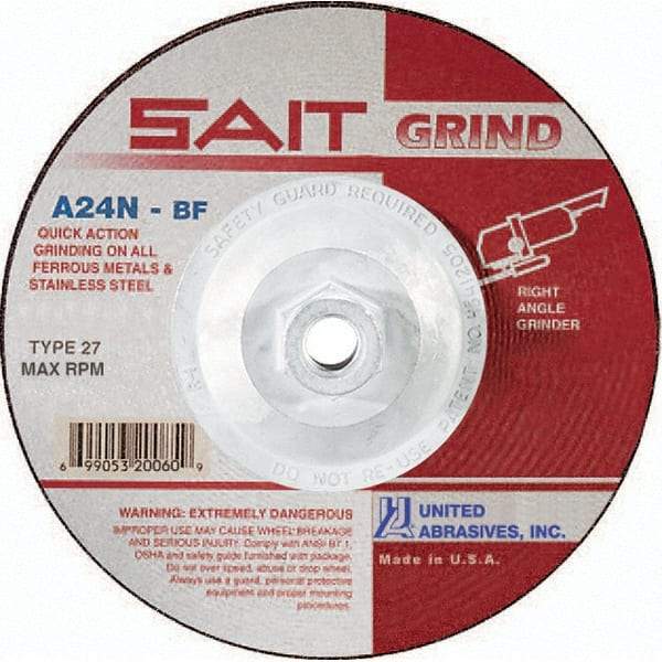 Sait - 24 Grit, 4-1/2" Wheel Diam, 3/16" Wheel Thickness, Type 27 Depressed Center Wheel - Aluminum Oxide, Resinoid Bond, N Hardness, 13,300 Max RPM, Compatible with Angle Grinder - A1 Tooling