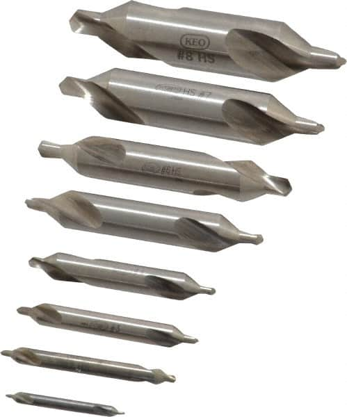 Keo - 8 Piece, #1 to 8, Plain Edge, High Speed Steel Combo Drill & Countersink Set - 60° Incl Angle - A1 Tooling