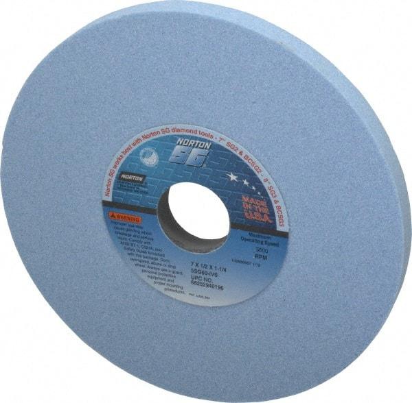 Norton - 7" Diam x 1-1/4" Hole x 1/2" Thick, I Hardness, 60 Grit Surface Grinding Wheel - Ceramic, Type 1, Medium Grade, 3,600 Max RPM, Vitrified Bond, No Recess - A1 Tooling