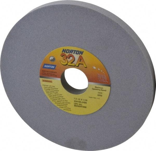 Norton - 7" Diam x 1-1/4" Hole x 1/2" Thick, J Hardness, 100 Grit Surface Grinding Wheel - Aluminum Oxide, Type 1, Fine Grade, 3,600 Max RPM, Vitrified Bond, No Recess - A1 Tooling