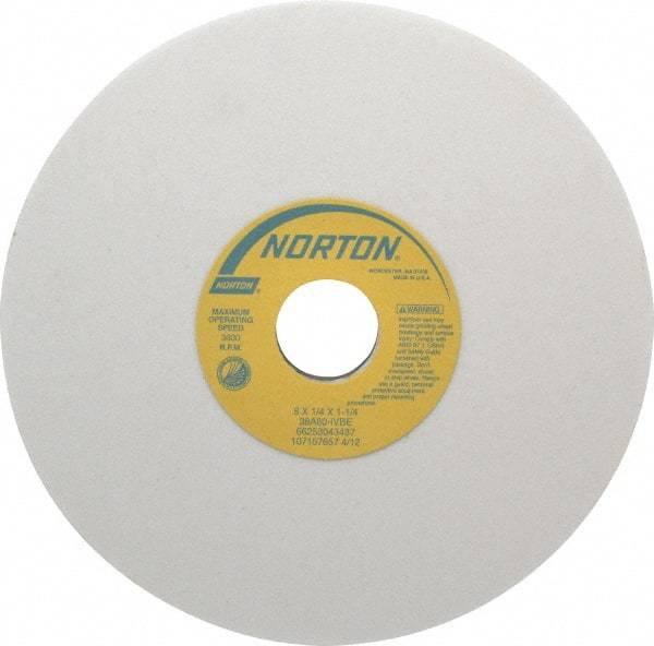 Norton - 8" Diam x 1-1/4" Hole x 1/4" Thick, I Hardness, 80 Grit Surface Grinding Wheel - Aluminum Oxide, Type 1, Medium Grade, 3,600 Max RPM, Vitrified Bond, No Recess - A1 Tooling