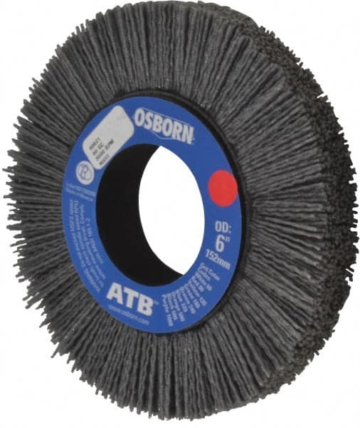 Osborn - 6" OD, 2" Arbor Hole, Crimped Nylon Wheel Brush - 1" Face Width, 1-1/4" Trim Length, 0.04" Filament Diam, 3,600 RPM - A1 Tooling