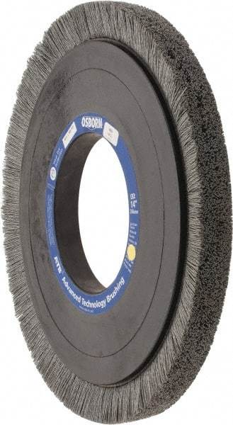 Osborn - 14" OD, 5-1/4" Arbor Hole, Crimped Nylon Wheel Brush - 1" Face Width, 1-1/4" Trim Length, 0.028" Filament Diam, 1,800 RPM - A1 Tooling