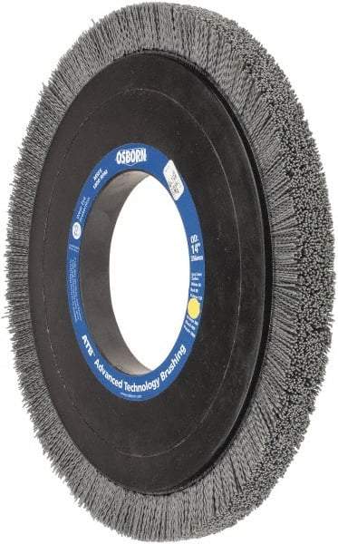 Osborn - 14" OD, 5-1/4" Arbor Hole, Crimped Nylon Wheel Brush - 1" Face Width, 1-1/4" Trim Length, 0.04" Filament Diam, 1,800 RPM - A1 Tooling