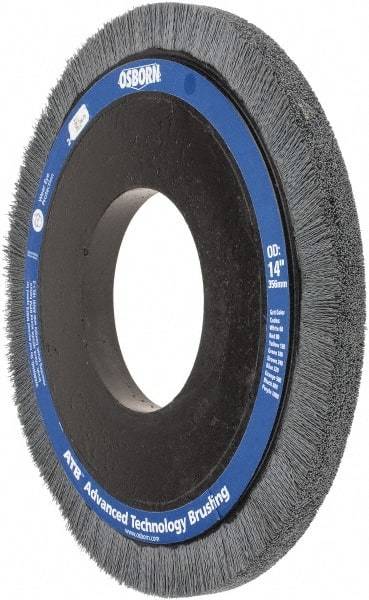 Osborn - 14" OD, 5-1/4" Arbor Hole, Crimped Nylon Wheel Brush - 1" Face Width, 1-1/4" Trim Length, 0.022" Filament Diam, 1,800 RPM - A1 Tooling