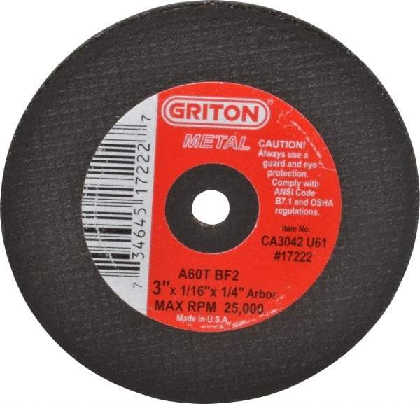 Value Collection - 3" 60 Grit Aluminum Oxide Cutoff Wheel - 1/16" Thick, 1/4" Arbor, 25,000 Max RPM, Use with Die Grinders - A1 Tooling