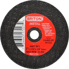 Value Collection - 3" 60 Grit Aluminum Oxide Cutoff Wheel - 1/16" Thick, 3/8" Arbor, 25,000 Max RPM, Use with Die Grinders - A1 Tooling