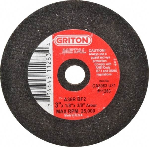 Value Collection - 3" 36 Grit Aluminum Oxide Cutoff Wheel - 1/8" Thick, 3/8" Arbor, 25,000 Max RPM, Use with Die Grinders - A1 Tooling