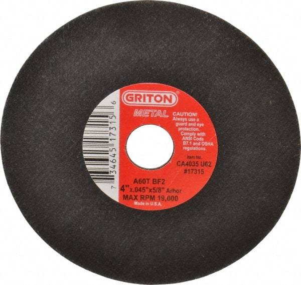 Value Collection - 4" 60 Grit Aluminum Oxide Cutoff Wheel - 0.045" Thick, 5/8" Arbor, 19,000 Max RPM, Use with Die Grinders - A1 Tooling