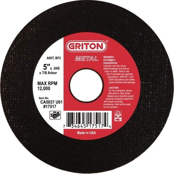 Made in USA - 5" 60 Grit Aluminum Oxide Cutoff Wheel - 0.045" Thick, 7/8" Arbor, 12,224 Max RPM, Use with Angle Grinders - A1 Tooling