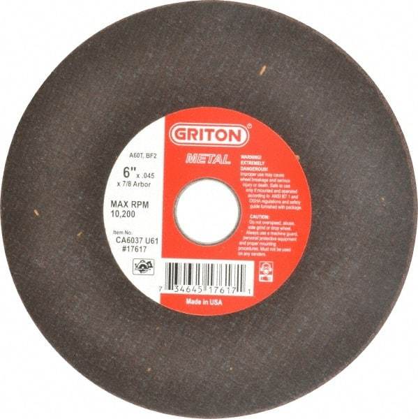 Made in USA - 6" 60 Grit Aluminum Oxide Cutoff Wheel - 0.045" Thick, 7/8" Arbor, 10,186 Max RPM, Use with Circular Saws - A1 Tooling