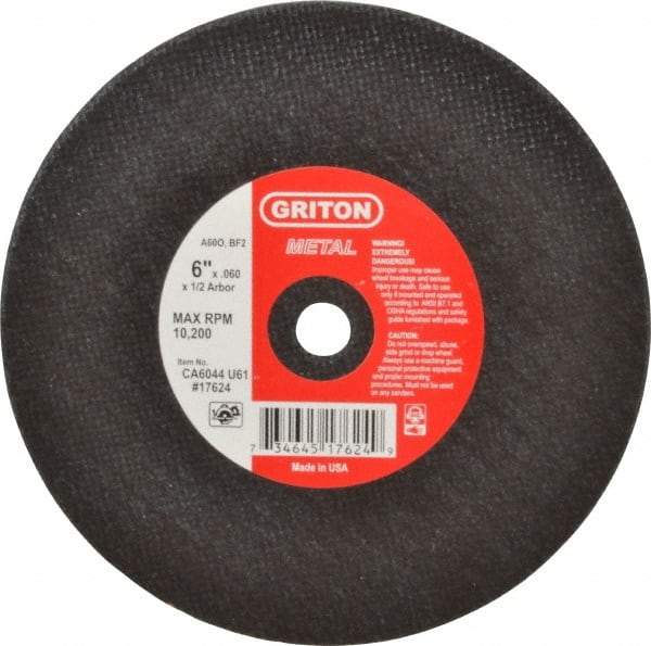 Made in USA - 6" 60 Grit Aluminum Oxide Cutoff Wheel - 0.06" Thick, 1/2" Arbor, 10,186 Max RPM, Use with Circular Saws - A1 Tooling