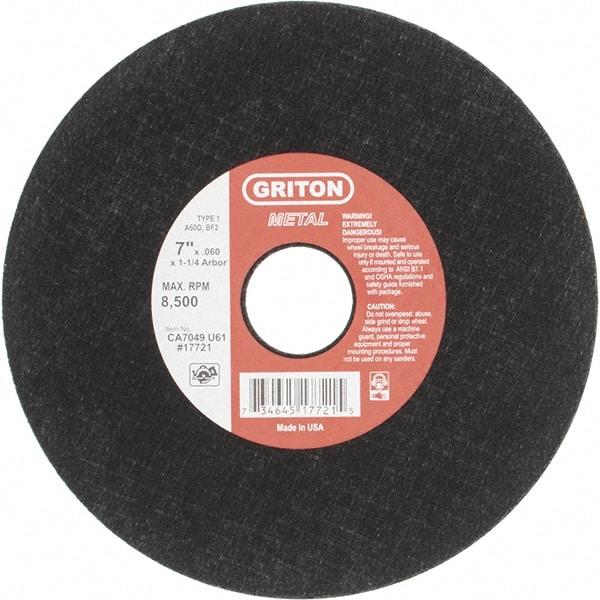 Made in USA - 7" 60 Grit Aluminum Oxide Cutoff Wheel - 0.06" Thick, 1-1/4" Arbor, 8,732 Max RPM, Use with Stationary Tools - A1 Tooling