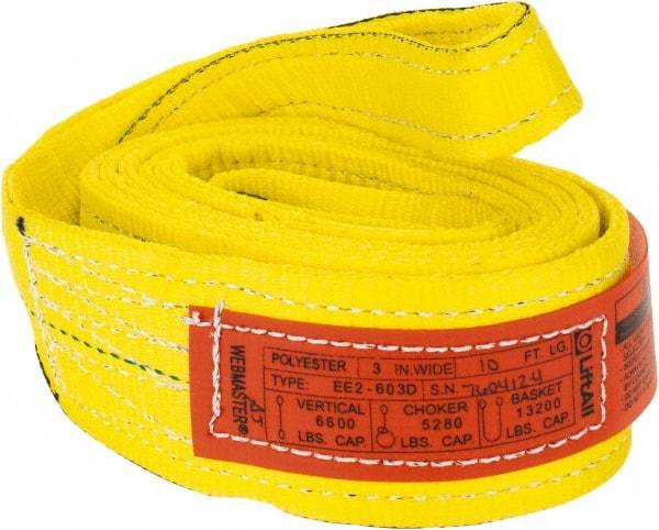 Lift-All - 10' Long x 3" Wide, 6,600 Lb Vertical Capacity, 2 Ply, Nylon Web Sling - 5,200 Lb Choker Capacity, Yellow - A1 Tooling