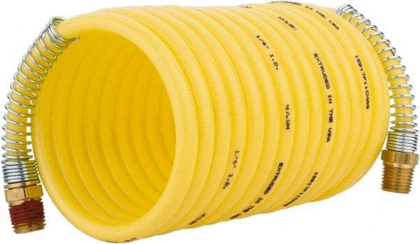 Coilhose Pneumatics - 1/4" ID, 1/4 Thread, 12' Long, Yellow Nylon Coiled & Self Storing Hose - 185 Max psi, Male Rigid x Male Swivel - A1 Tooling