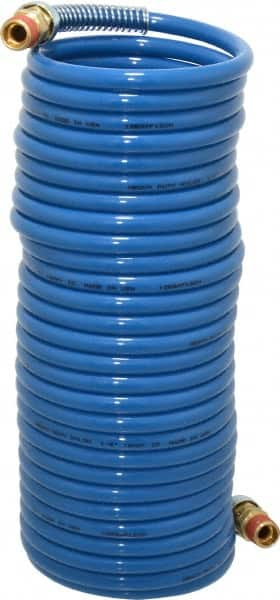 Coilhose Pneumatics - 1/4" ID, 1/4 Thread, 25' Long, Blue Nylon Coiled & Self Storing Hose - 220 Max psi, Male Swivel x Male Swivel - A1 Tooling