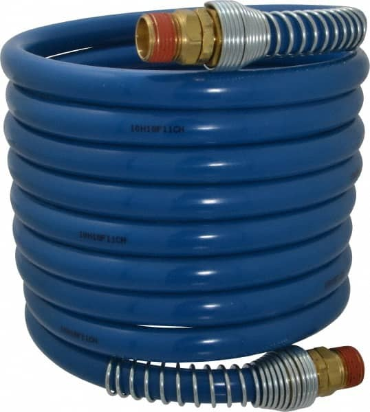 Coilhose Pneumatics - 3/8" ID, 3/8 Thread, 12' Long, Blue Nylon Coiled & Self Storing Hose - 230 Max psi, Male Swivel x Male Swivel - A1 Tooling