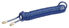 Coilhose Pneumatics - 1/4" ID, 1/4 Thread, 25' Long, Blue Polyurethane Coiled & Self Storing Hose - 125 Max psi, Male Swivel x Male Swivel - A1 Tooling