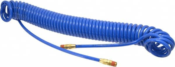 Coilhose Pneumatics - 1/4" ID, 1/4 Thread, 30' Long, Blue Polyurethane Coiled & Self Storing Hose - 125 Max psi, Male Swivel x Male Swivel - A1 Tooling