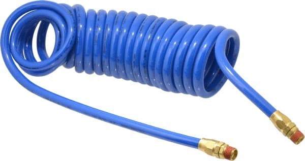 Coilhose Pneumatics - 3/8" ID, 3/8 Thread, 20' Long, Blue Polyurethane Coiled & Self Storing Hose - 115 Max psi, Male Swivel x Male Swivel - A1 Tooling