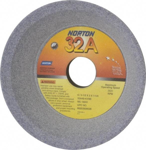 Norton - 6" Diam, 1-1/4" Hole Size, 2" Overall Thickness, 46 Grit, Type 11 Tool & Cutter Grinding Wheel - Coarse Grade, Aluminum Oxide, K Hardness, Vitrified Bond, 3,820 RPM - A1 Tooling