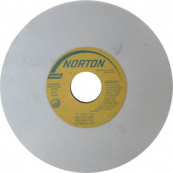 Norton - 7" Diam x 1-1/4" Hole x 1/2" Thick, J Hardness, 120 Grit Surface Grinding Wheel - Aluminum Oxide, Type 1, Fine Grade, 3,600 Max RPM, Vitrified Bond, No Recess - A1 Tooling